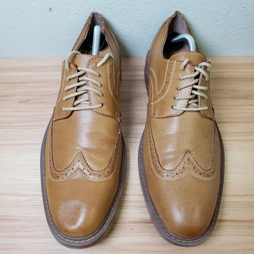Wingtip Oxford Shoes Light Brown Borogue Perforated Faux Leather Office 11.5